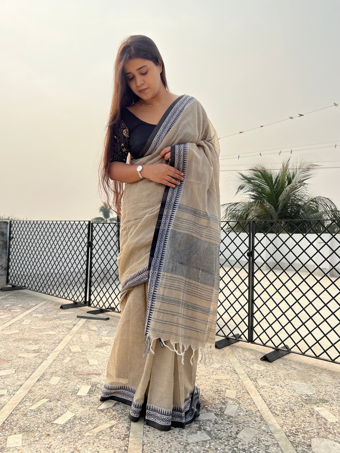 Beige - Black cotton Dhaniakhali handloom saree new collection