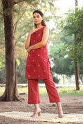 Brick Red Pure Cotton Kurta with Stripes Pant Co-ord Set