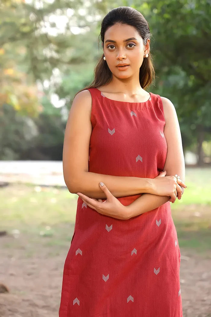 Traditional Brick Red Pure Cotton Kurta with Stripes Pant Set for Ethnic Wear