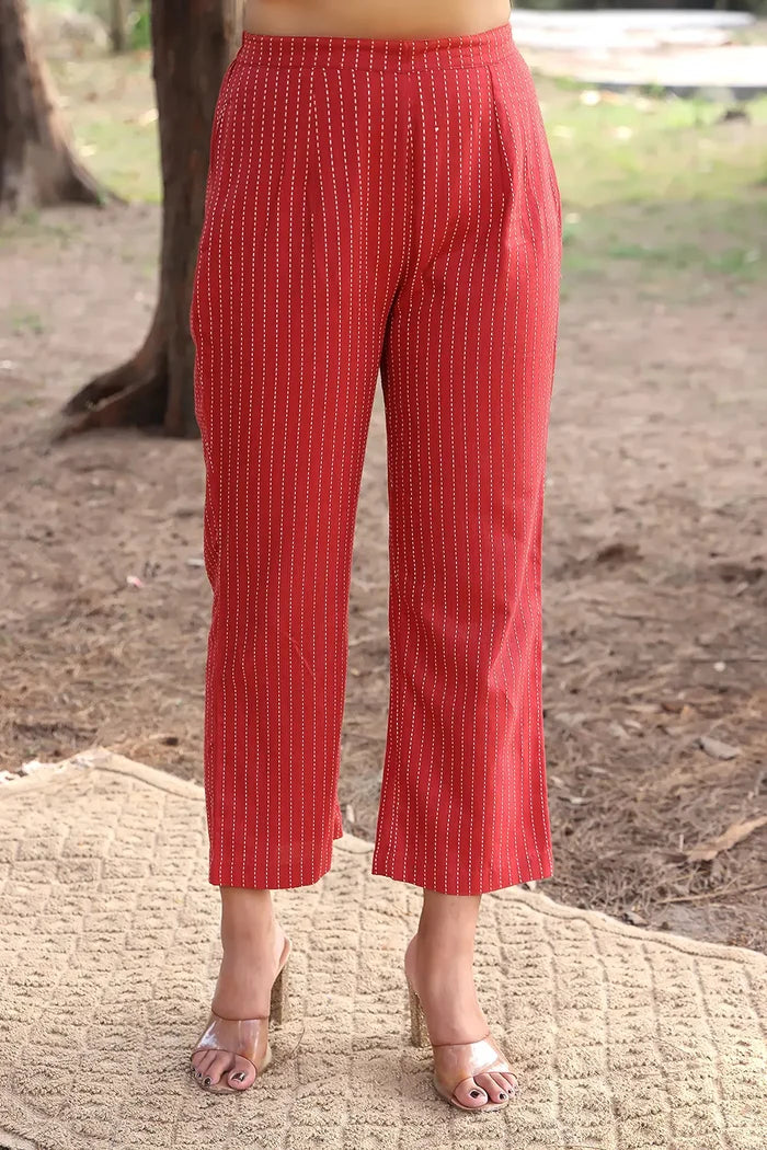Close Up of Stripe Pattern on Pant with Brick Red Pure Cotton Kurta