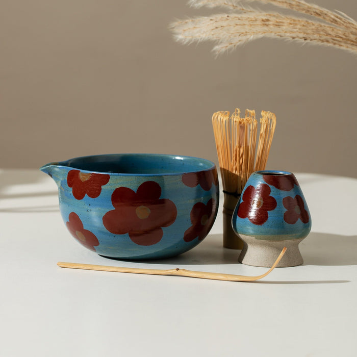 Camellia Ceramic Matcha Set with Bowl and Chasen Holder