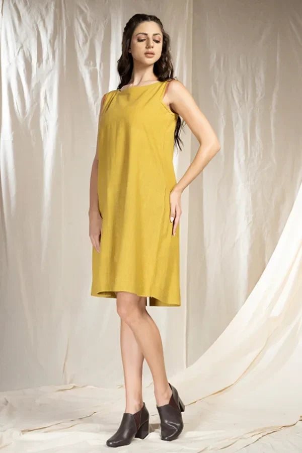 Cascade - Relaxed Fit Mid-Length Yellow Dress