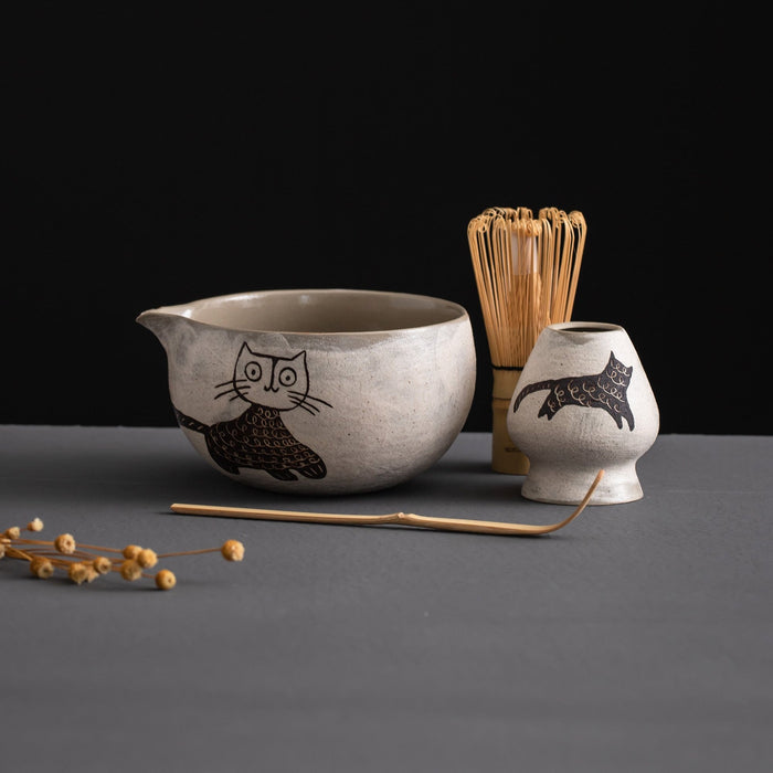 Cat Ceramic Matcha Set with Bowl and Chasen Holder