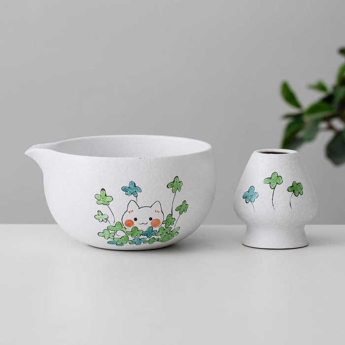 Cat Ceramic Matcha Set with Bowl and Chasen Holder