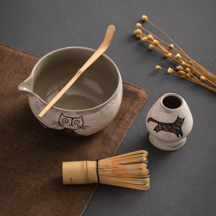 Cat Ceramic Matcha Set with Bowl and Chasen Holder