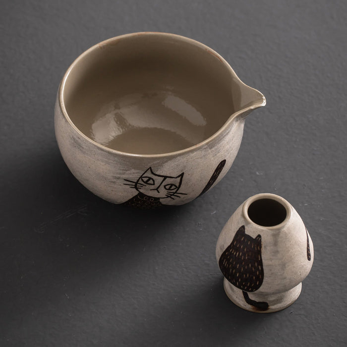 Cat Ceramic Matcha Set with Bowl and Chasen Holder