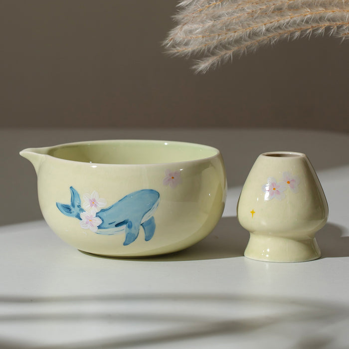 Cherry Blossom Sakura Whale Ceramic Matcha Set with Bowl and Chasen