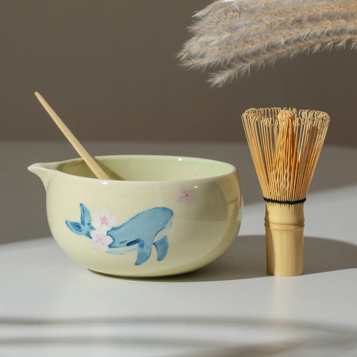 Cherry Blossom Sakura Whale Ceramic Matcha Set with Bowl and Chasen