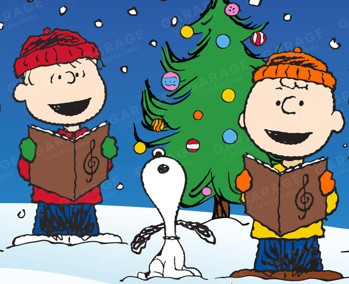 Snoopy and Charlie Brown singing near a decorated Christmas tree with snow falling.