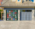 Garage door cover with decorative Christmas-themed advent calendar quilt design on a stone house.