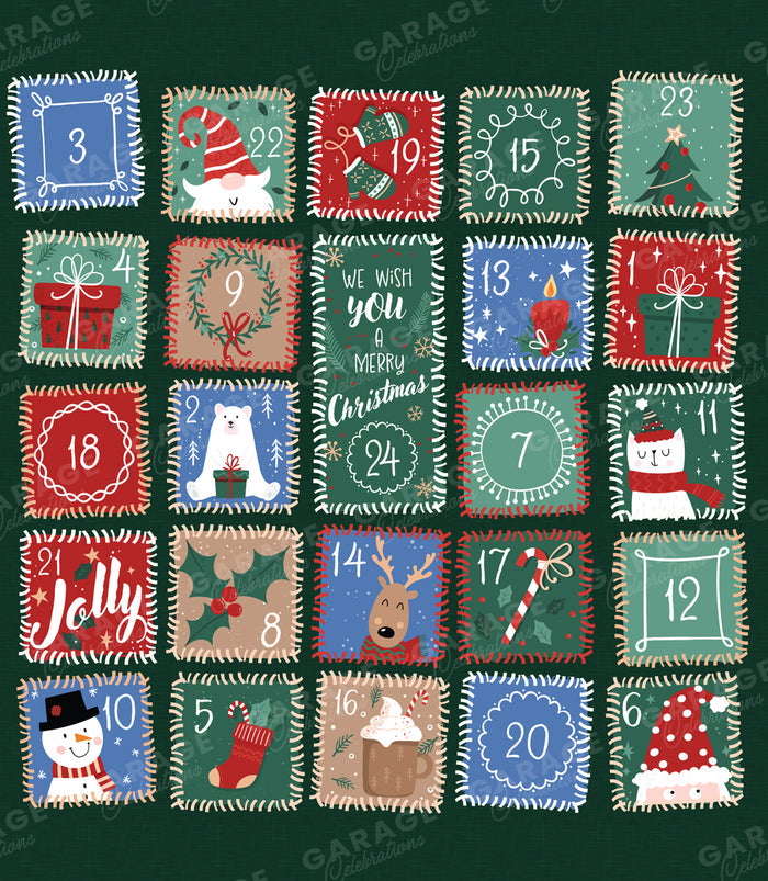 Advent calendar with Christmas-themed designs on a dark green background
