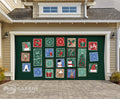 Garage door cover with a Christmas advent calendar design in front of a house.