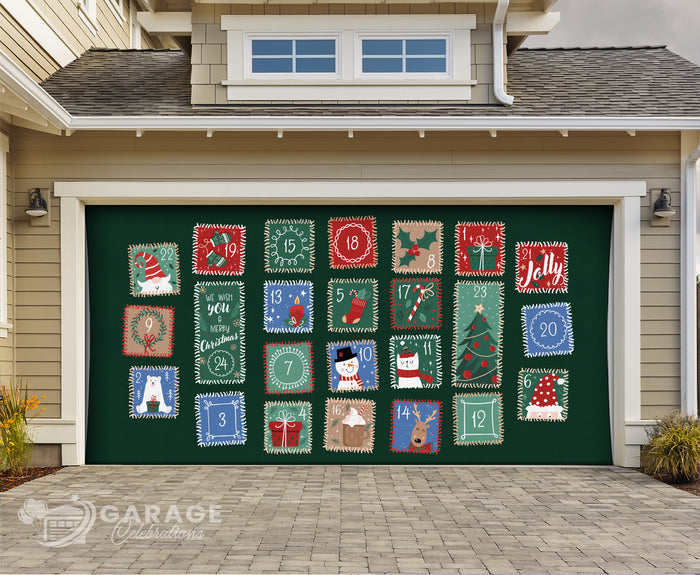 Garage door cover with a Christmas advent calendar design in front of a house.