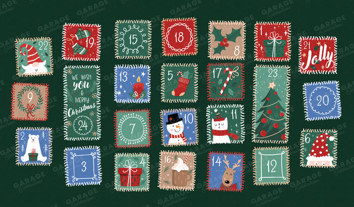 Advent calendar with colorful squares each containing a number and festive design