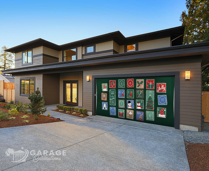 Modern house with a decorative garage door featuring various holiday-themed signs.