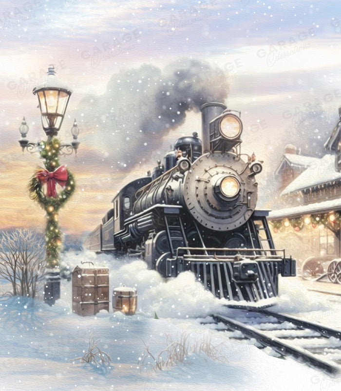 Vintage steam train on snow-covered tracks with a festive street lamp in the foreground.
