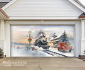 Decorative garage door with a winter scene featuring a train and red truck.