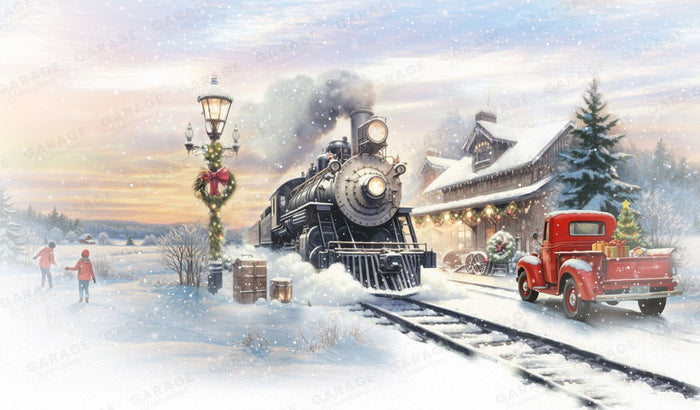 Vintage steam train on tracks with a red truck and Christmas decorations in a snowy scene.