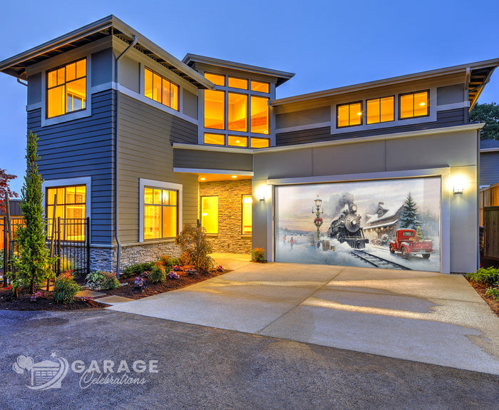 Modern house with a decorative garage door featuring a train scene.