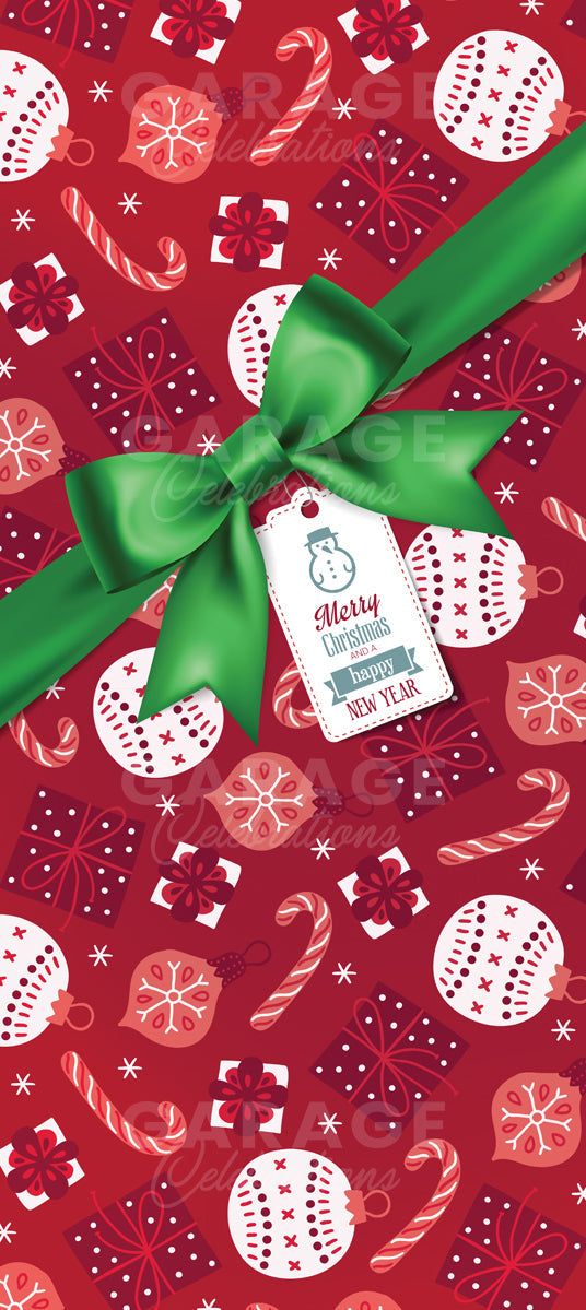Christmas-themed pattern with red background, green bow, and festive elements.