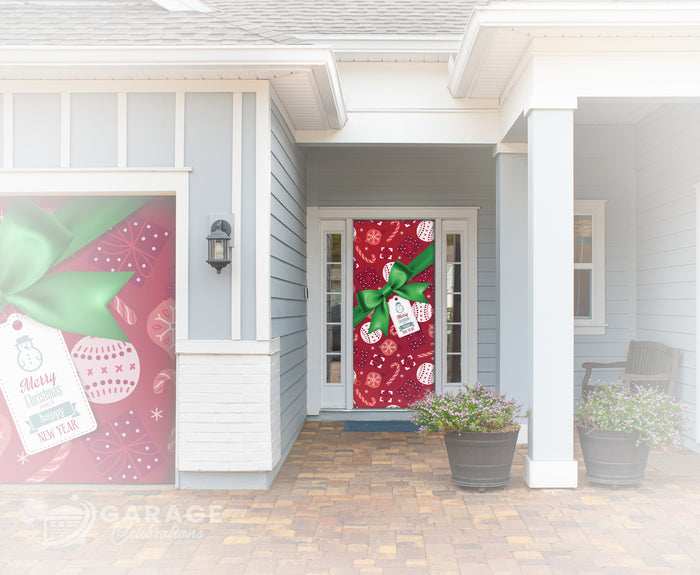 Decorative door cover with a red background and green bow on a house exterior.