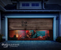 Garage door with a Halloween-themed design featuring a clown appearing below door.