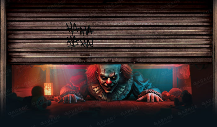 Horror-themed clown emerging from a garage door with 'Haha' spray-painted above.