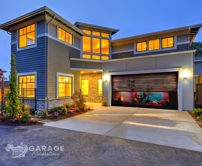 Modern house with a garage door featuring an evil clown appearing below the door.