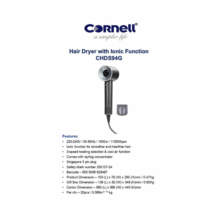 Cornell CHDS94G Hair Dryer with Ionic Function