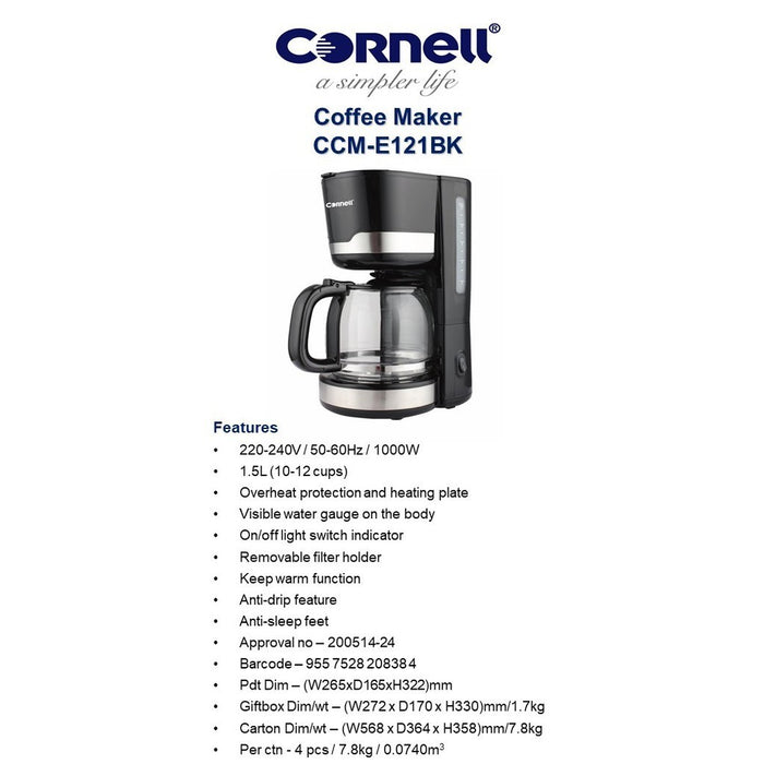 Cornell Coffee Maker 1.5L Coffee Machine CCM121BK