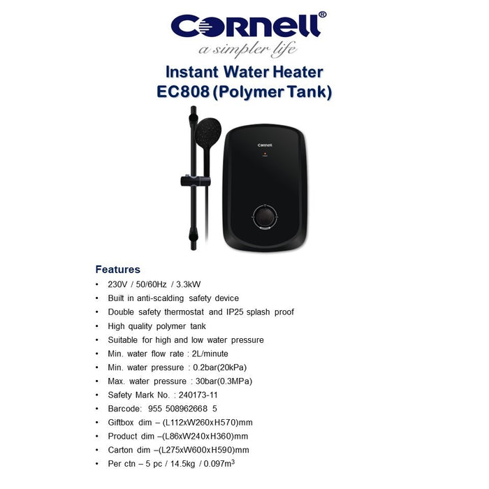 Cornell EC808 (Polymer Tank) / EC809 (Copper Tank) Instant Water Heater