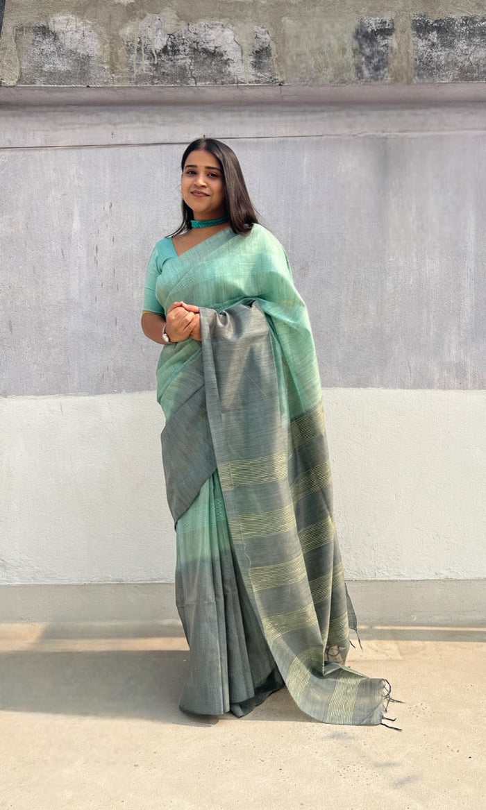 Cyan - Green Bhagalpuri handloom saree by Shopaame