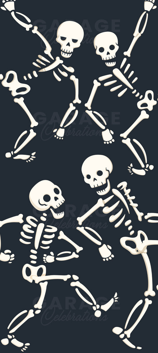 Pattern of dancing skeletons on a black background.