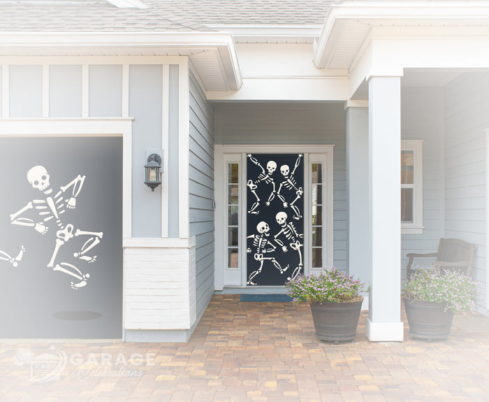 Decorative Halloween skeleton design on a door of a house with potted plants.