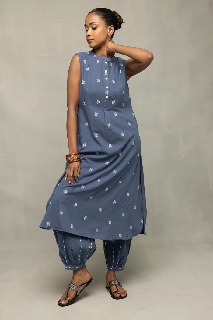 Dark Grey Woven Pure Cotton Kurta Set