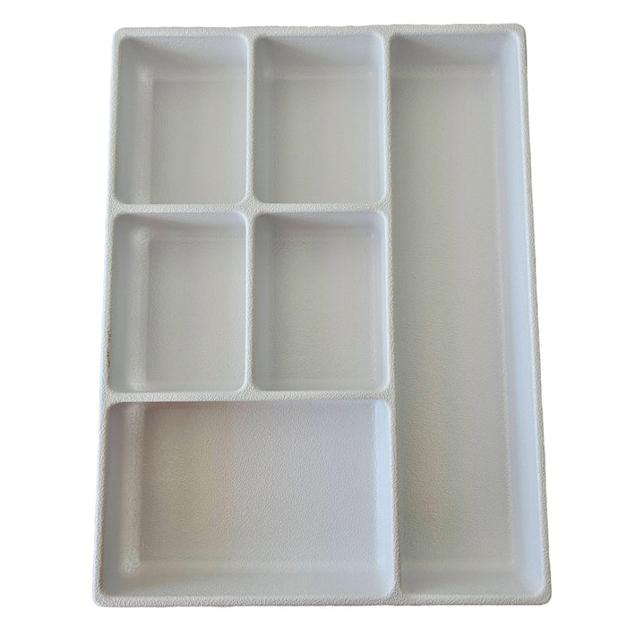 Top view of white Viper Tool Storage plastic drawer organizer tray with 6 various sized compartments