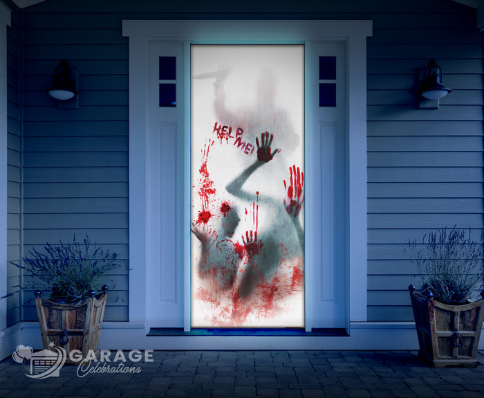Decorative garage door with a horror-themed design featuring blood and a hand, with 'Garage Celebrations' branding.
