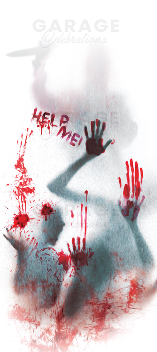 Artistic depiction of a person with 'HELP ME!' text and bloodstains on a white background.