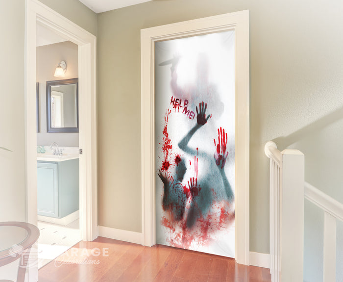 Bedroom with a door featuring a graphic of a person with blood and 'HELP ME!' text written in blood!