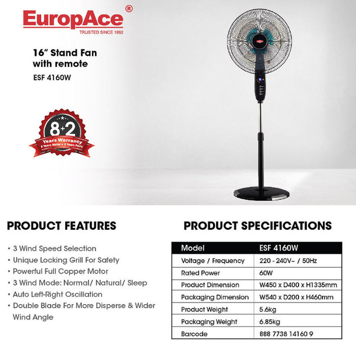 EuropAce 16" Stand Fan With Remote Control and Timer ESF4160W