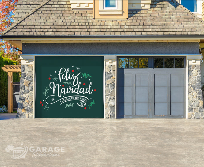 Garage door with 'Fáliz Navidad' text and Christmas decorations on a house exterior.