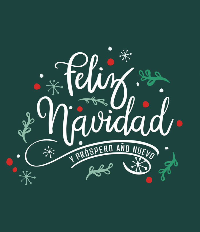 Festive text 'Feliz Navidad y Prospero Año Nuevo' with decorative elements on a green background