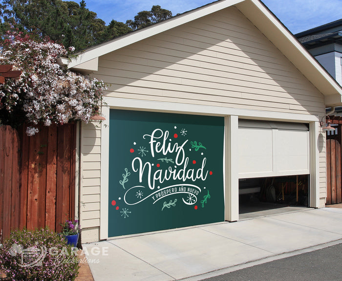 Garage door with 'Felix Navidad' design in a residential setting