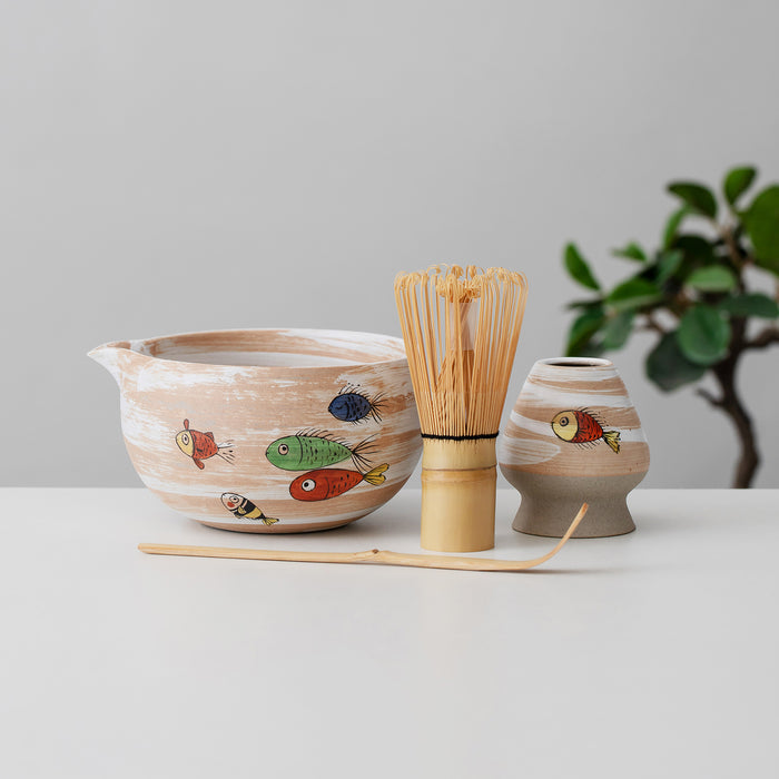 Fish Ceramic Matcha Set with Bowl and Chasen Holder