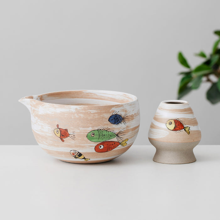 Fish Ceramic Matcha Set with Bowl and Chasen Holder
