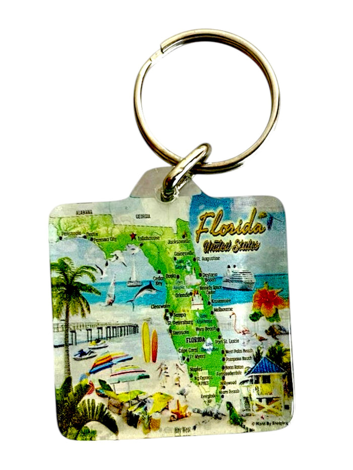 Florida Map Acrylic Square Souvenir Keychain 1.5" X 1.5"