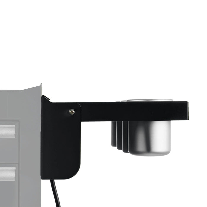 Side view of black folding side shelf for salon cart showing hinge and aluminum cups