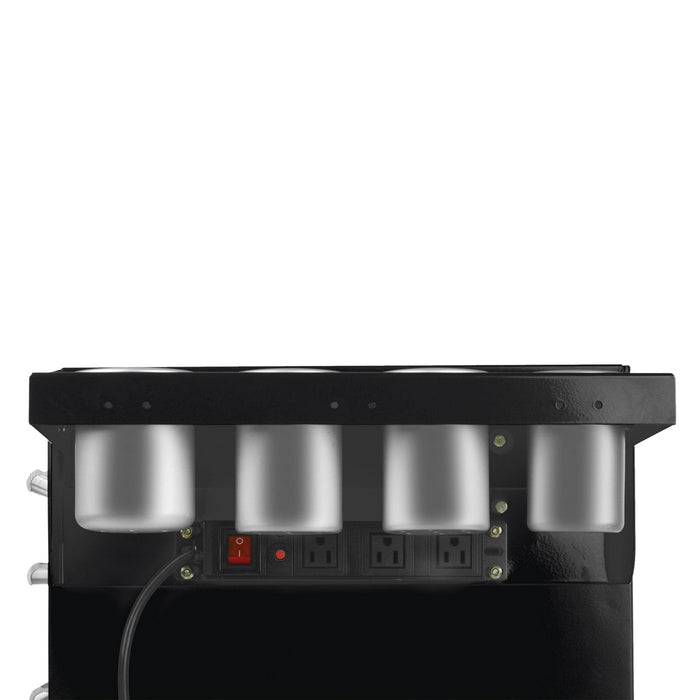 Underside view of black folding side shelf for salon cart showing aluminum cups and built-in power strip