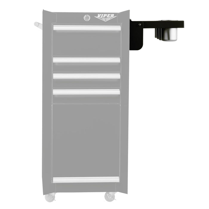 Side view of black folding side shelf attached to salon cart showing installed position and aluminum cups