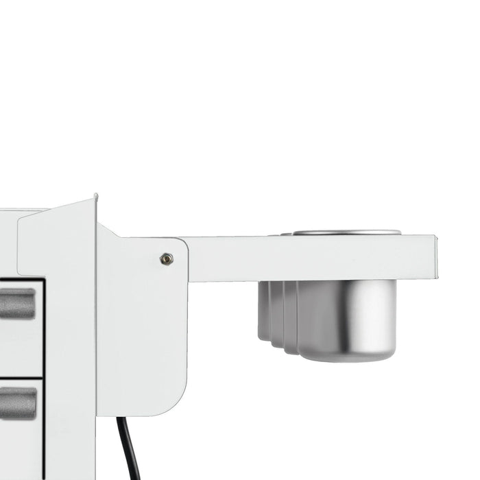 Side view of white folding side shelf for salon cart showing hinge and aluminum cups